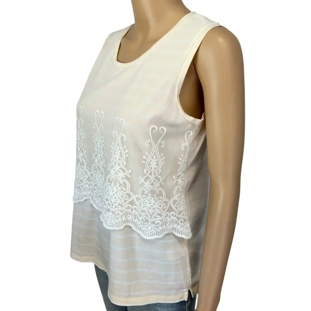 J. Crew Embroidered Overlay Striped Tank Top Peach Cream J2969 Size S